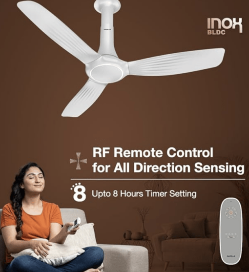 Havells 1200mm Inox BLDC Motor Ceiling Fan | Premium Look with RF Remote, 100% Copper, Upto 60% Energy Saving | Aerodynamic Ribbed Blades, Low Noise, Dust Resistant | (Pack of 1, Pearl White) - Image 4